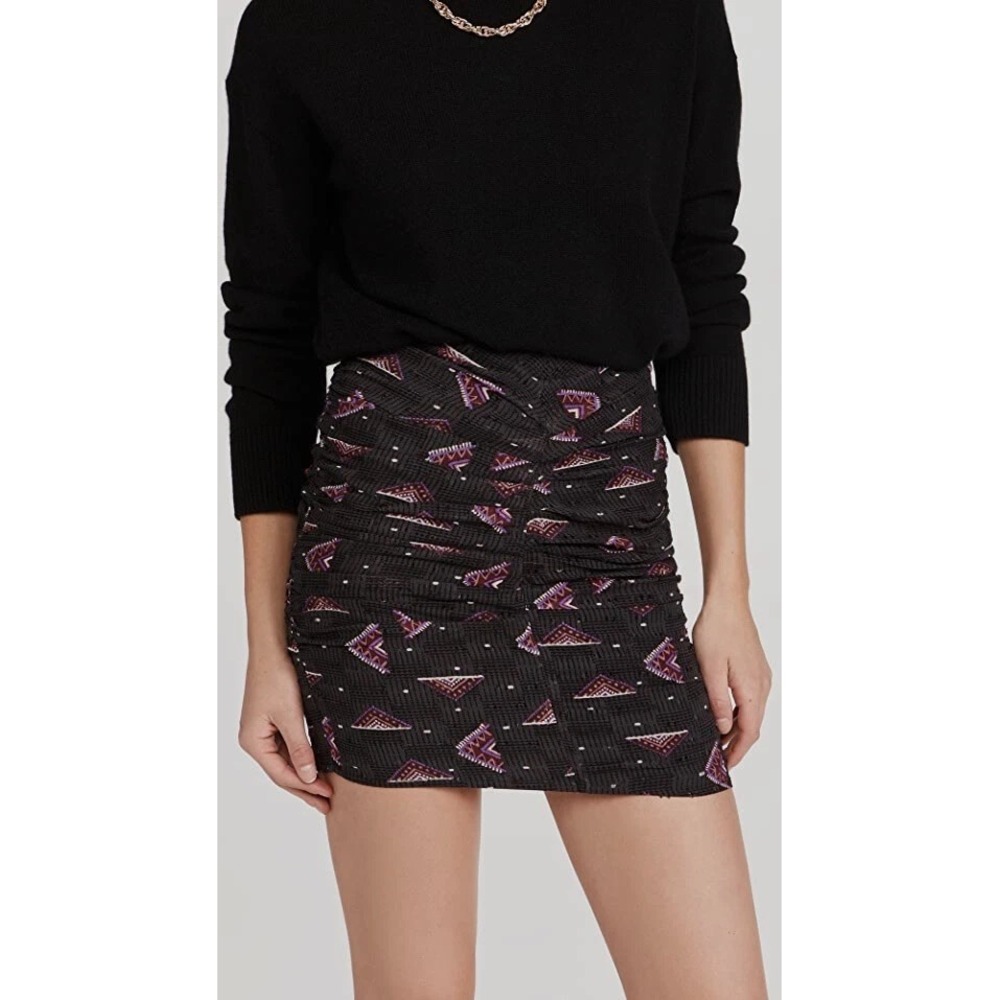 NWT Ba&sh Cassi Ruched Mini Skirt Carbon Black Geometric Print Size 2